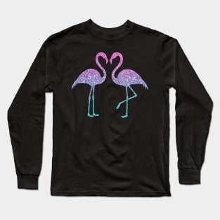 Bright Pink Purple Ombre Faux Glitter Flamingos Silhouette Long Sleeve T-Shirt